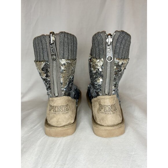 Victoria’s Secret Pink Slipper Boots Womens Size S 5/6 RARE Sequin Knit Faux Fur - Picture 4 of 16